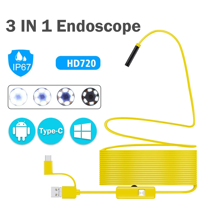 7 мм объектив 3 в 1 эндоскоп HD 720P USB OTG Змеиный эндоскоп водонепроницаемый с 6 светодиодами Инспекционная камера для телефона Android PC
