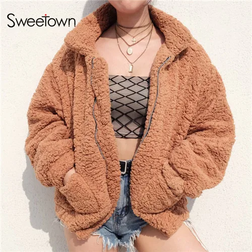 Sweetown корейское длинное пальто из искусственного меха теплое зимнее пальто женское осеннее Abrigos Mujer Elegante женское s размера плюс модные плюшевые пальто - Цвет: as picture