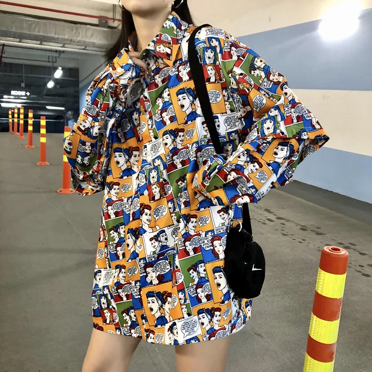 Весна, Новая высококачественная японская рубашка Harajuku Ulzzang, свободная контрастная цветная повседневная женская рубашка с длинным рукавом