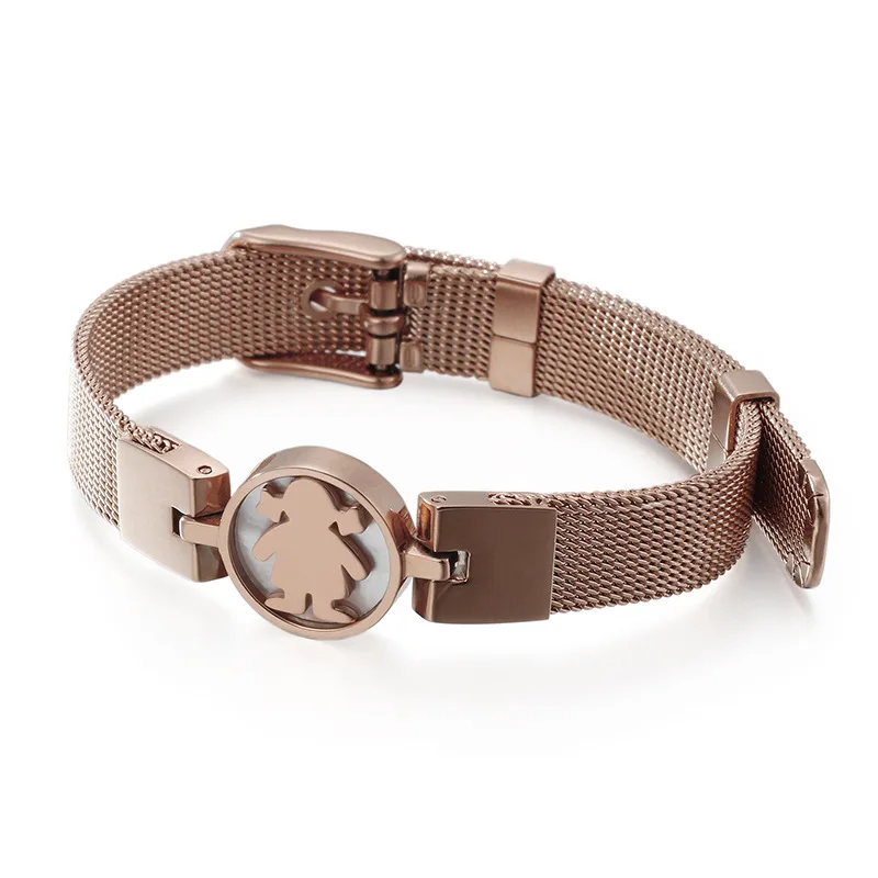 Модные женские и мужские браслеты из сетчатой проволоки цвета розового золота из нержавеющей стали с пряжкой ремешка часов с медвежонком для девочек.