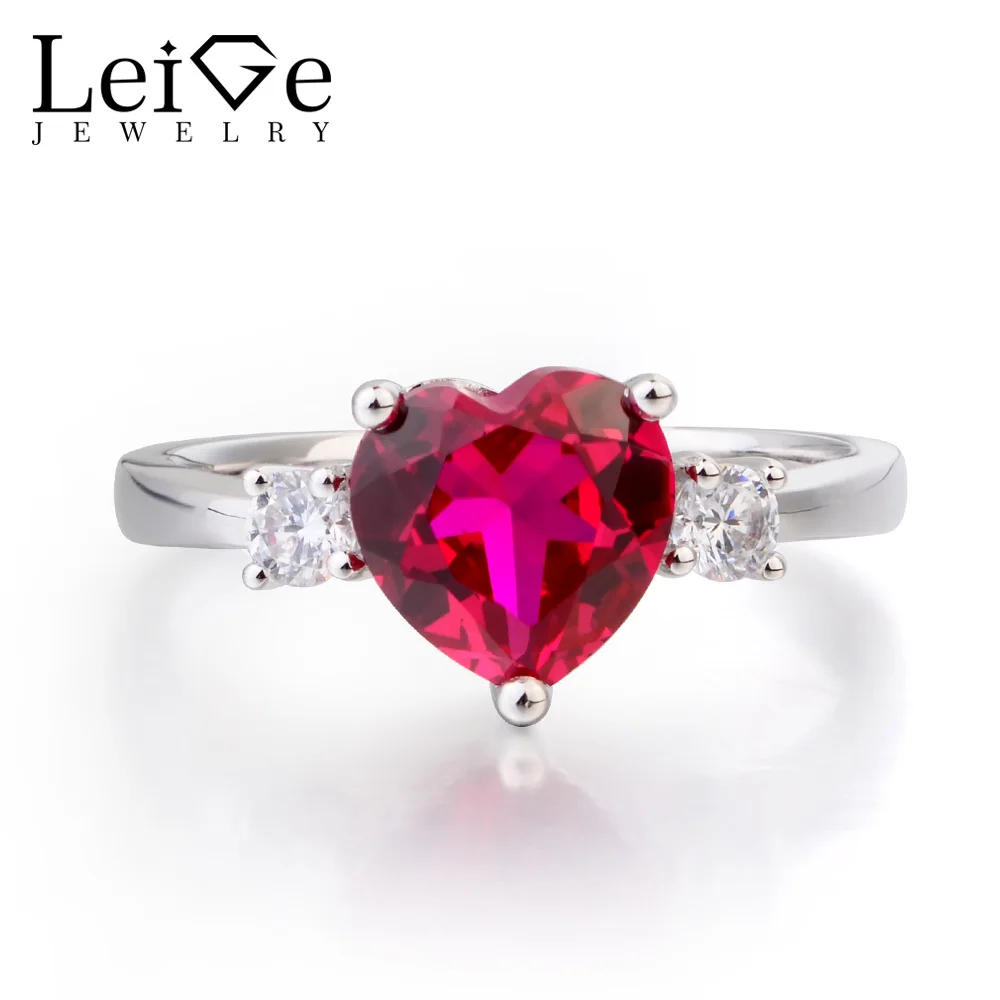 

Leige Jewelry Anniversary Ring Ruby Ring July Birthstone Heart Cut Red Gemstone Solid 925 Sterling Silver Ring Gifts for Women