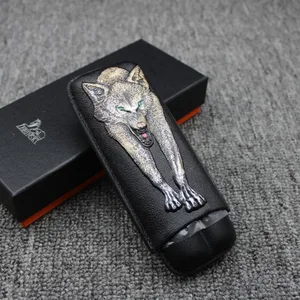 Крутой черный кожаный чехол Lubinski для сигар с тиснением волка, держатель, хьюмидор, 2 трубки, портативный дорожный Чехол для сигар и коробка, женская коробка