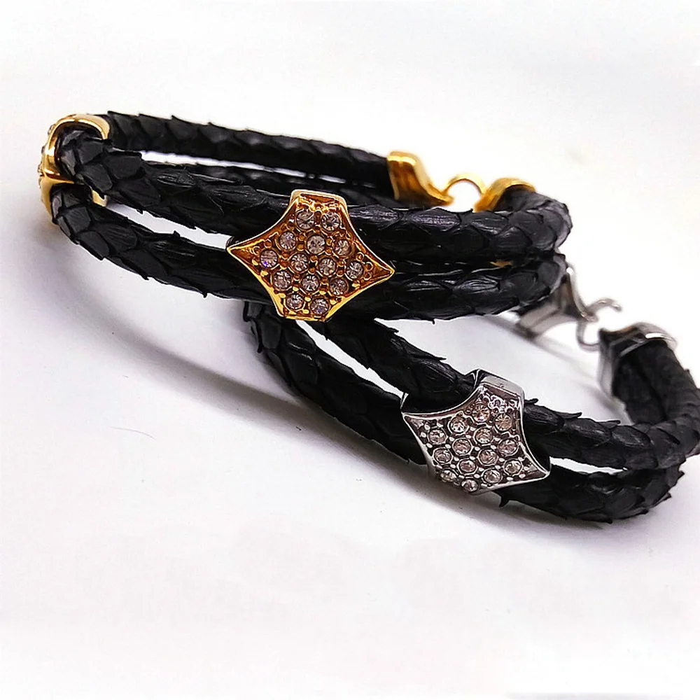 Роскошный мужской белый черный 5 мм кожаный браслет питона с золотой нержавеющей