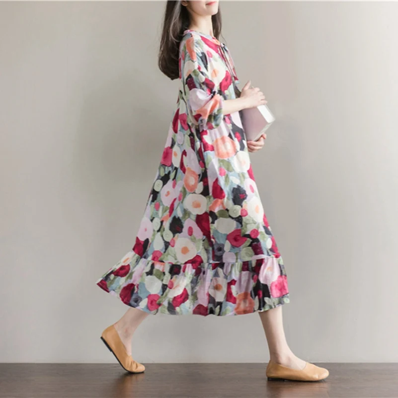 Женское летнее платье с длинным рукавом сарафан бантом повседневное свободное