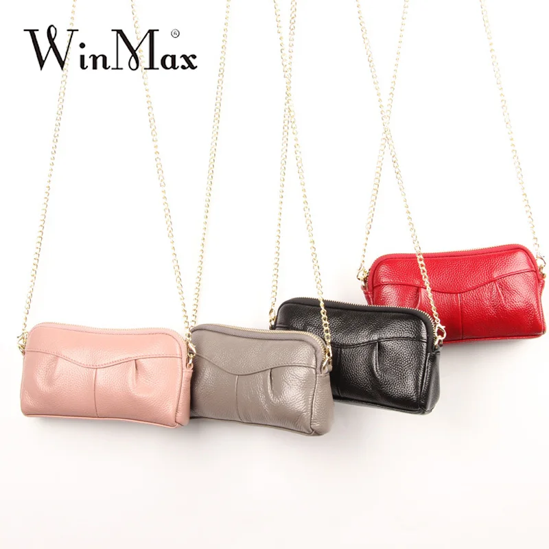 

New Arrived Lovely genuine Leather Pouch pink phone Pocket Small Size Zipper Puch Wallet Clutch purse evening chain shoulder bag