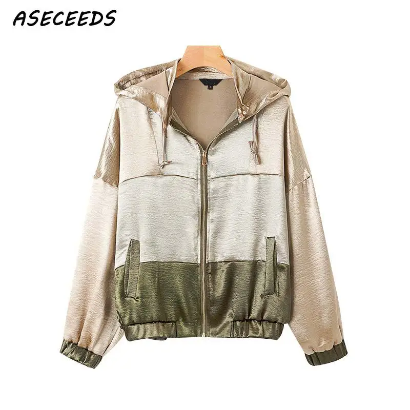 2019 осенняя куртка для женщин Лоскутная куртка-бомбер пальто с капюшоном на