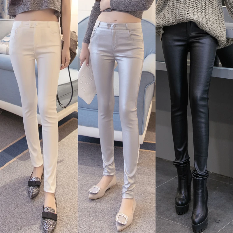 

Autumn Winter Leggings Women Matt Leather Pants Sexy Thin Black Female High Waist Elastic Pencil Pants Pantalon Cuir Femme