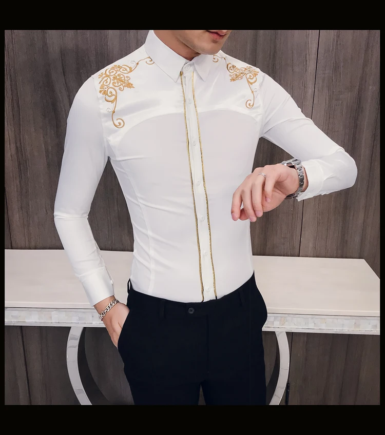 Chemise homme manche longue Весна новая рубашка мужская приталенная винтажная вышивка повседневные мужские рубашки ночной клуб Выпускной смокинг 3xl
