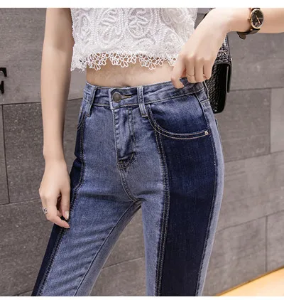 blue JUJULAND new summer fashion tide blue high waist patchwork hit color woman pencil pantsColor Blocking jeans 846 - Цвет: blue