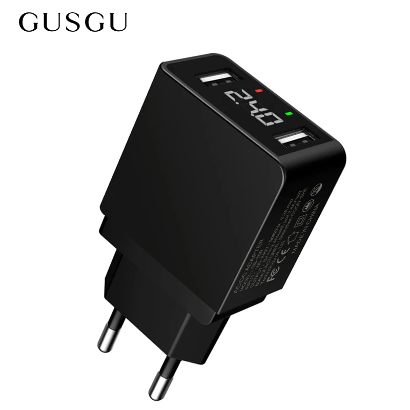 Сетевое зарядное устройство GUSGU с двумя USB портами и светодиодным