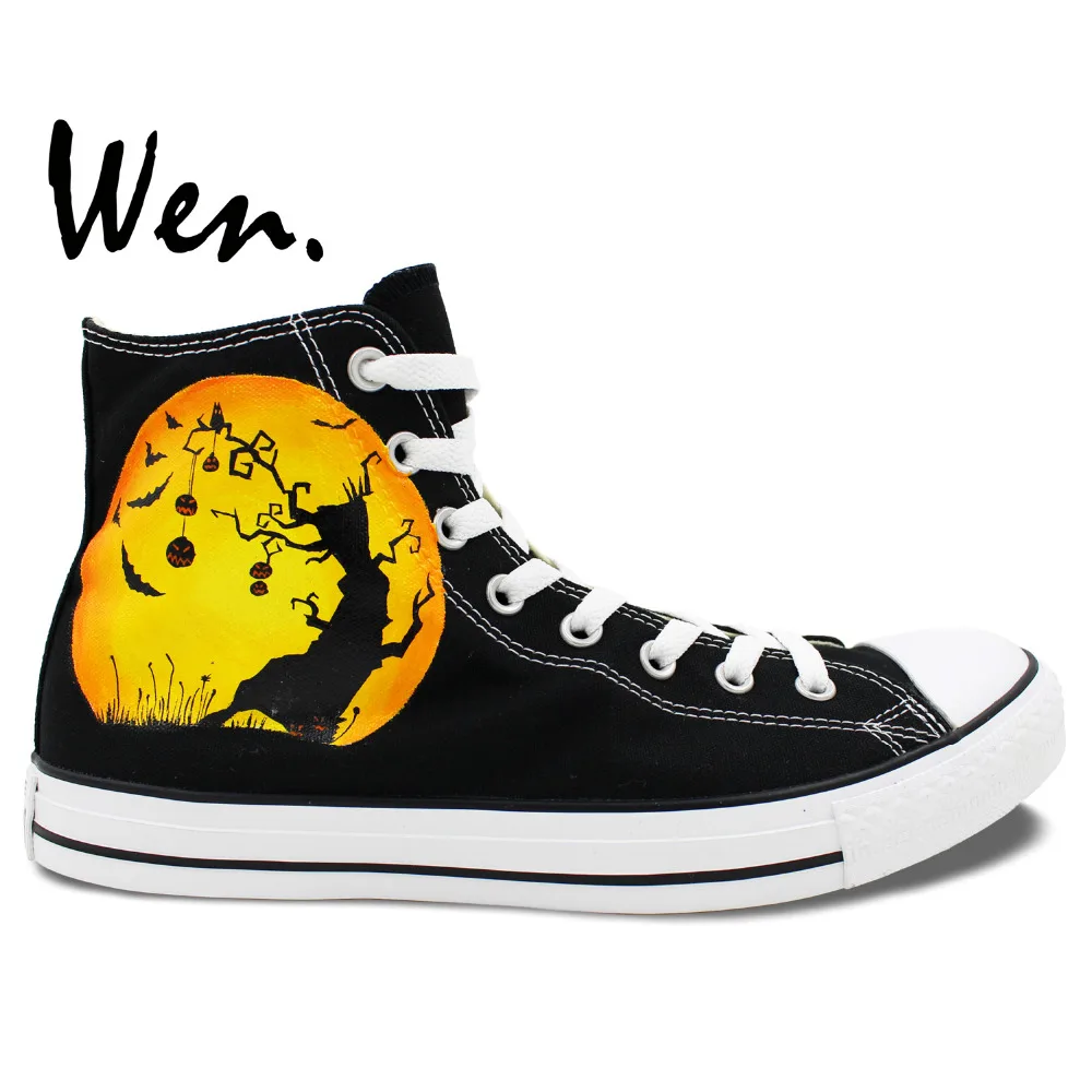 

Wen Men Women's Hand Painted Shoes Design Custom Halloween Pumpkin Black Men Women High Top Canvas Sneakers