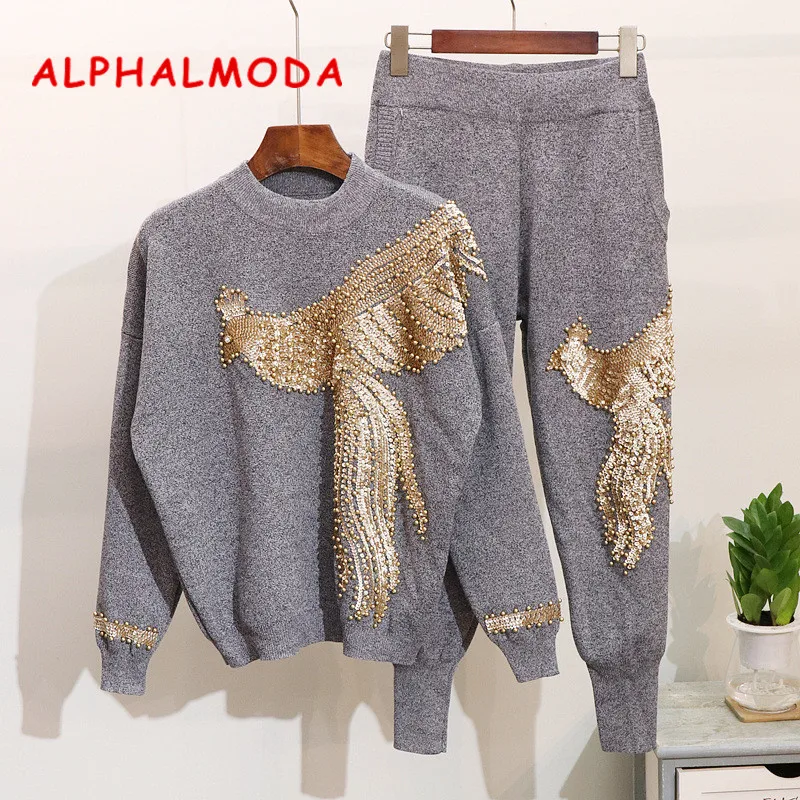 ALPHALMODA 2018 Европейский вышитый бисером блестящий феникс Женский костюм комплект