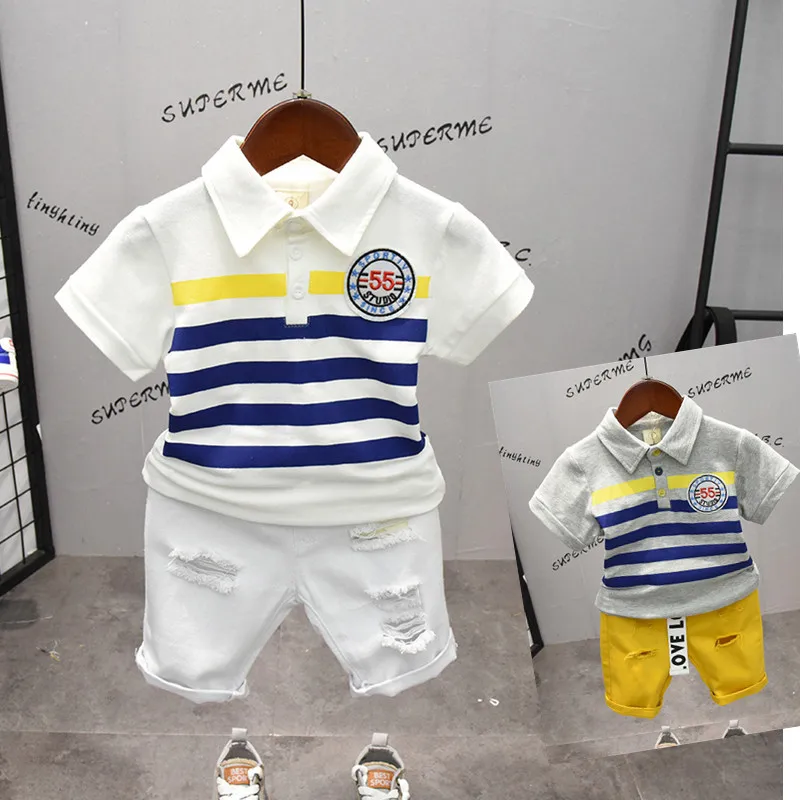 

3 4 5 Y New Summer 2019 Toddler Boys Clothing Set Casual Striped TShirts + Hole Short Pants Kid Baby Tracksuit Children Clothes