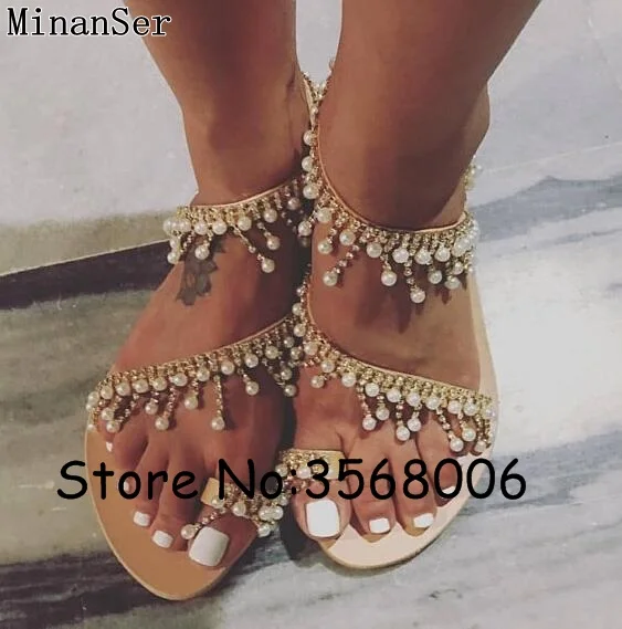 Классические сандалии-гладиаторы с жемчужинами на плоской подошве Украшенные