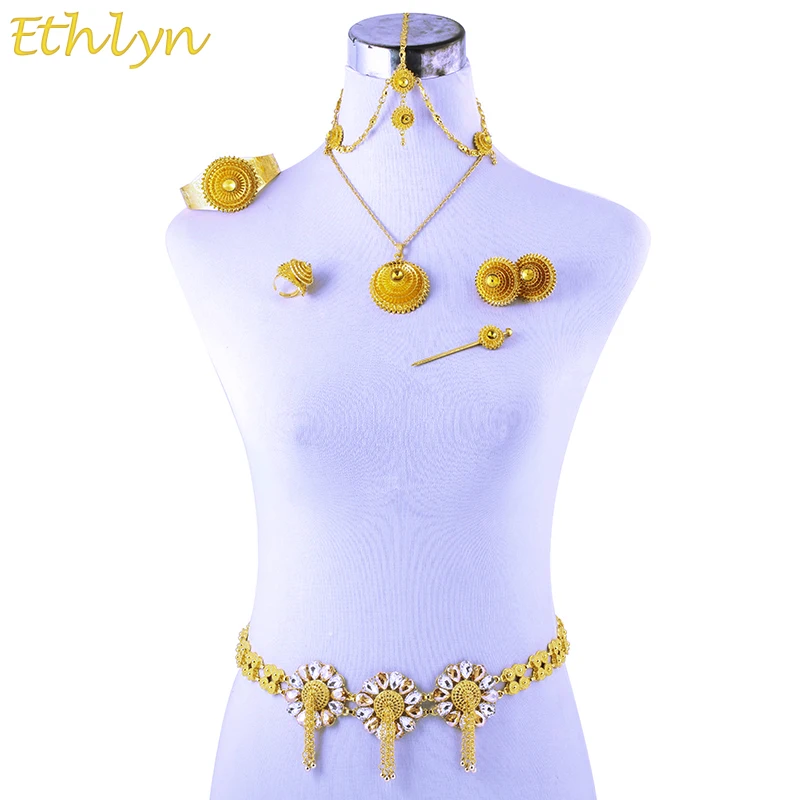 Ethlyn Эфиопский/Eygpt Наборы свадебных ювелирных изделий из желтого золота с Цвет пояс-цепочка с украшением в виде кристаллов со стразами аксессуары S107