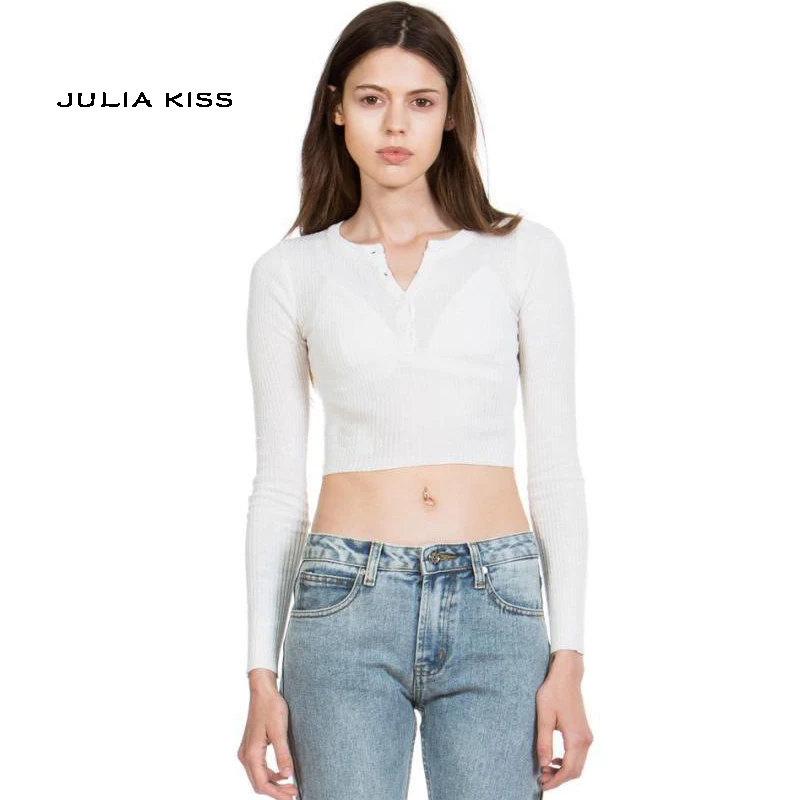 

Women Crop Sweater Long Sleeve Sexy Slim T shirts High Elastic Buttons Down Plain Crop Tops Scoop O Neck Striped Basic Tees
