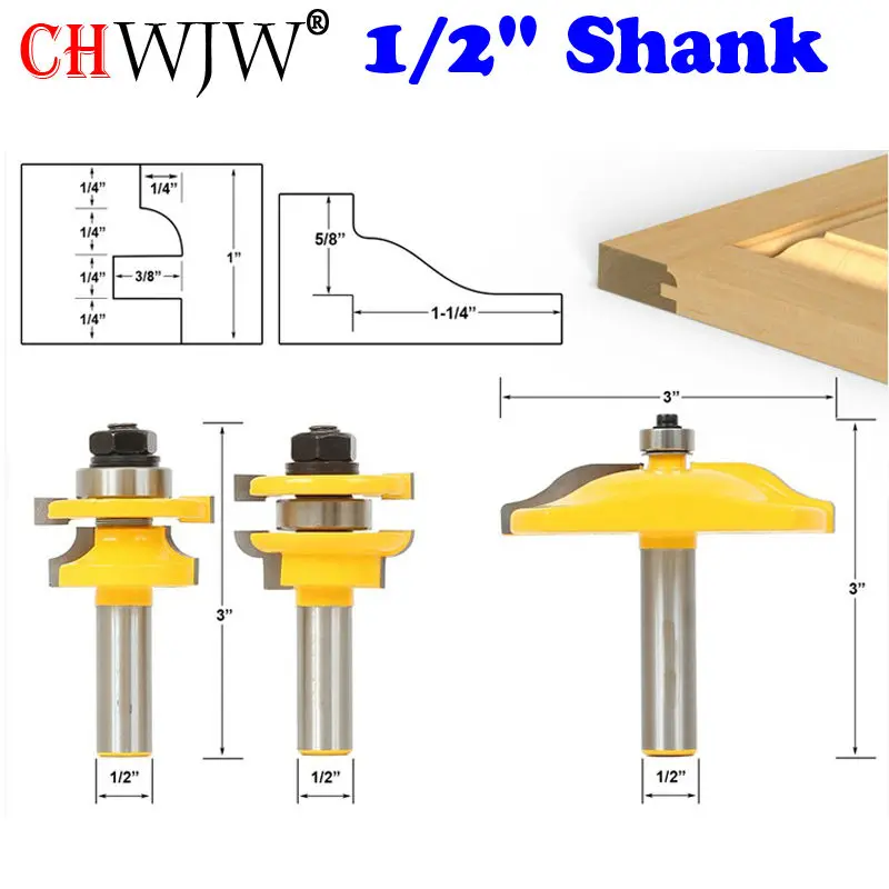

3PC 1/2" Shank Raised Panel Router Bit Door Set -Round Over with Ogee Panel Raiser Chwjw 12336