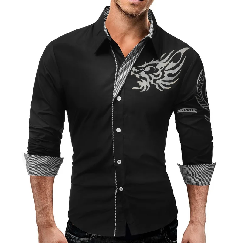 LASPERAL драконы печатные мужские рубашки платье тонкий бизнес с длинным рукавом