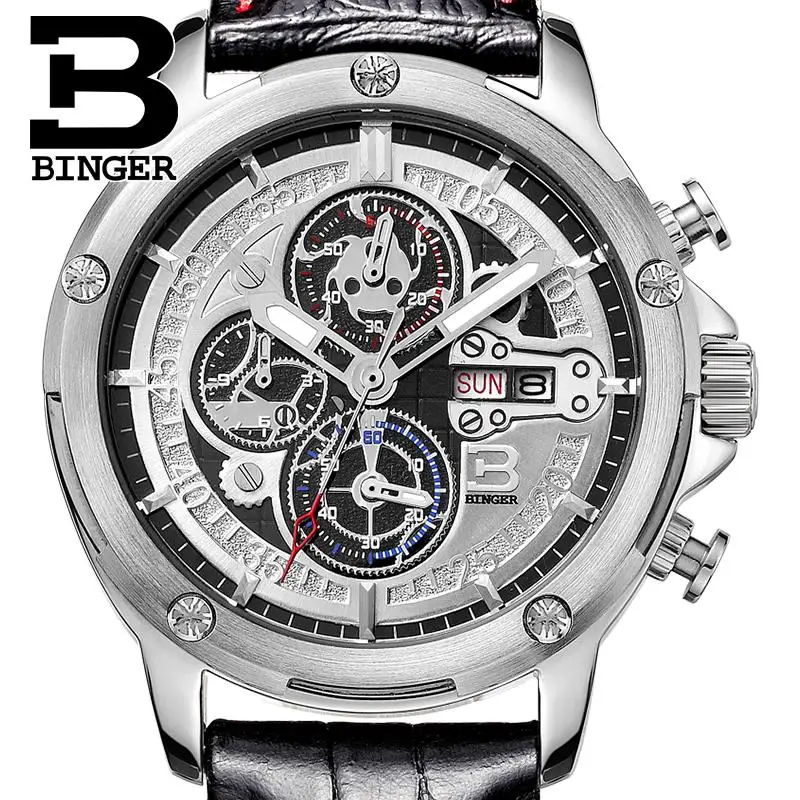 

Switzerland watches men luxury brand Wristwatches BINGER Quartz men's watch leather strap Chronograph Diver glowwatch B6009-3