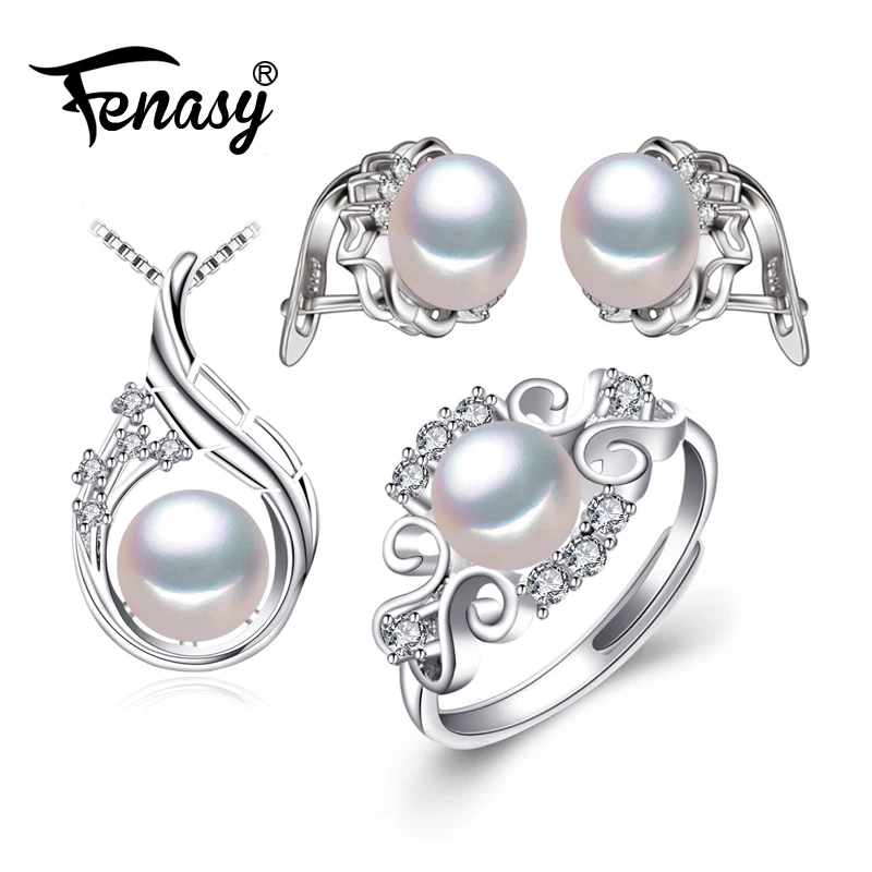 

FENASY 925 Sterling Silver earrings with stones,natural Pearl jewelry sets for women,bohemian set stud earrings party rings