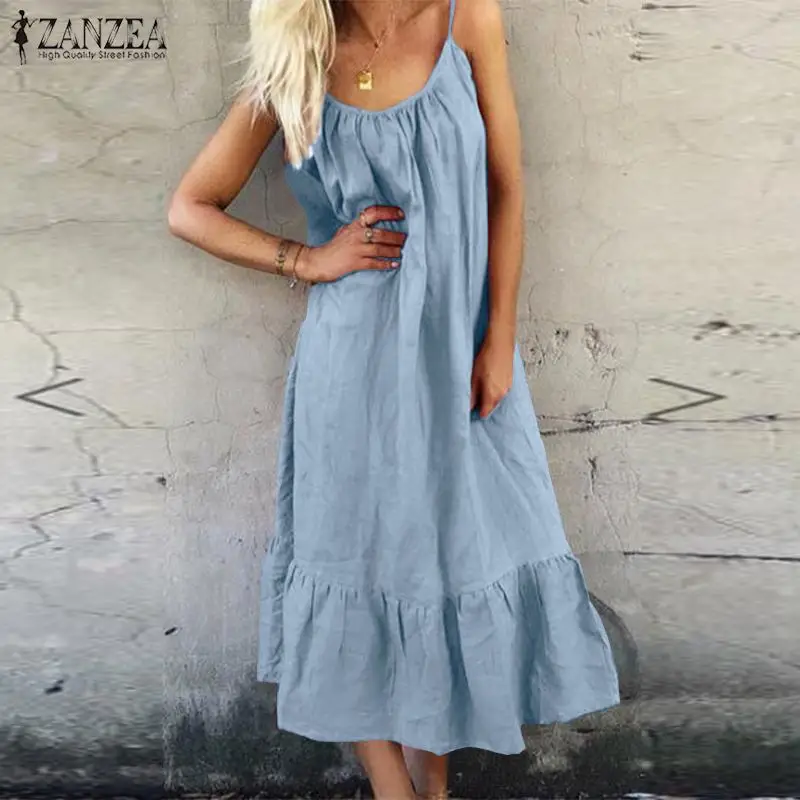 

ZANZEA Bohemian Ruffle Dress 2021 Summer Casual Midi Dress Women's Spaghetti Strap Sundress Female Beach Robe Femme