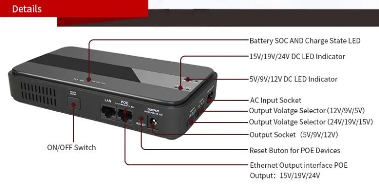 45 Вт Мини Портативный UPS с 15 19 24VDC POE и 5 9 12VDC выходной интерфейс с широким 85~ 265VAC адаптер напряжения встроенный