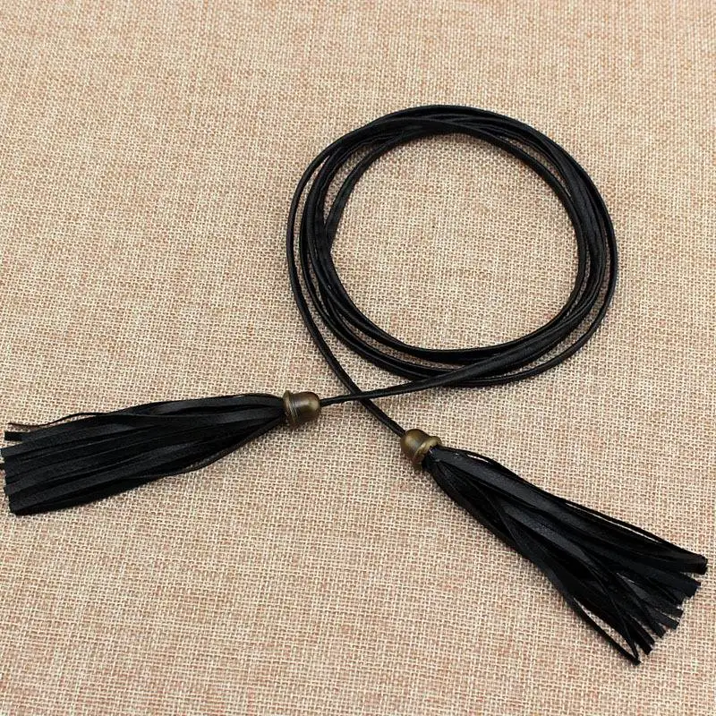type 2 black Женские ремни, красный, коричневый, черный, белый, желтый, из искусственной кожи, новинка, модные элегантные женские платья, ремень с кисточками и цепочкой - Цвет: type 2 black