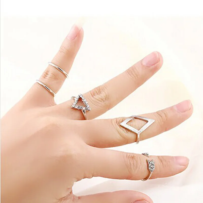 5 шт./компл. набор кристальных треугольных колец золотистого и серебряного цвета