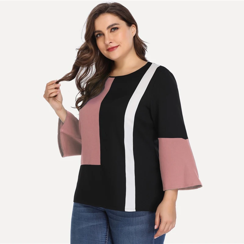 Dotfashion, блузка размера плюс в стиле пэчворк, осень, женские топы, корейская мода, весна, 3/4 рукав, Женская Повседневная рубашка