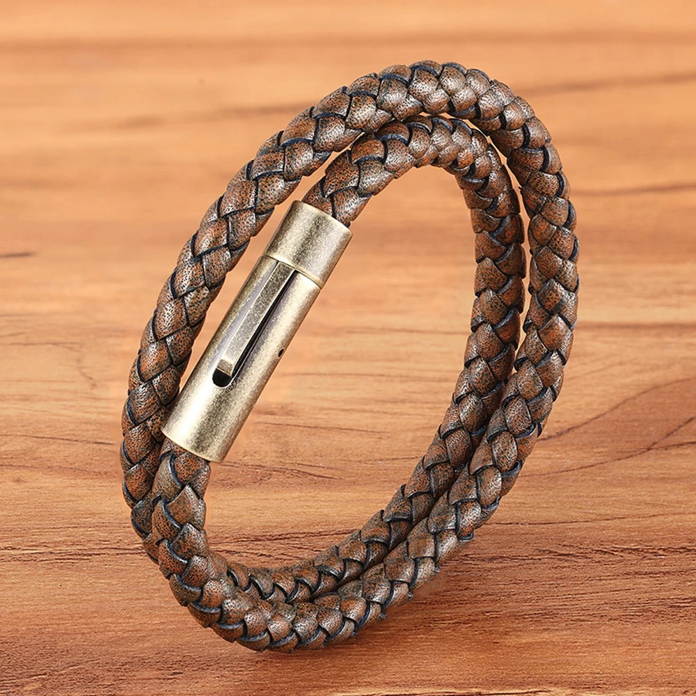 TYO Vintage Stainless Steel Easy-hook Clasp Taupe Brown Wrap Bracelets for Women Authentic Leather Pulseira Masculina 19/21/23CM | Украшения