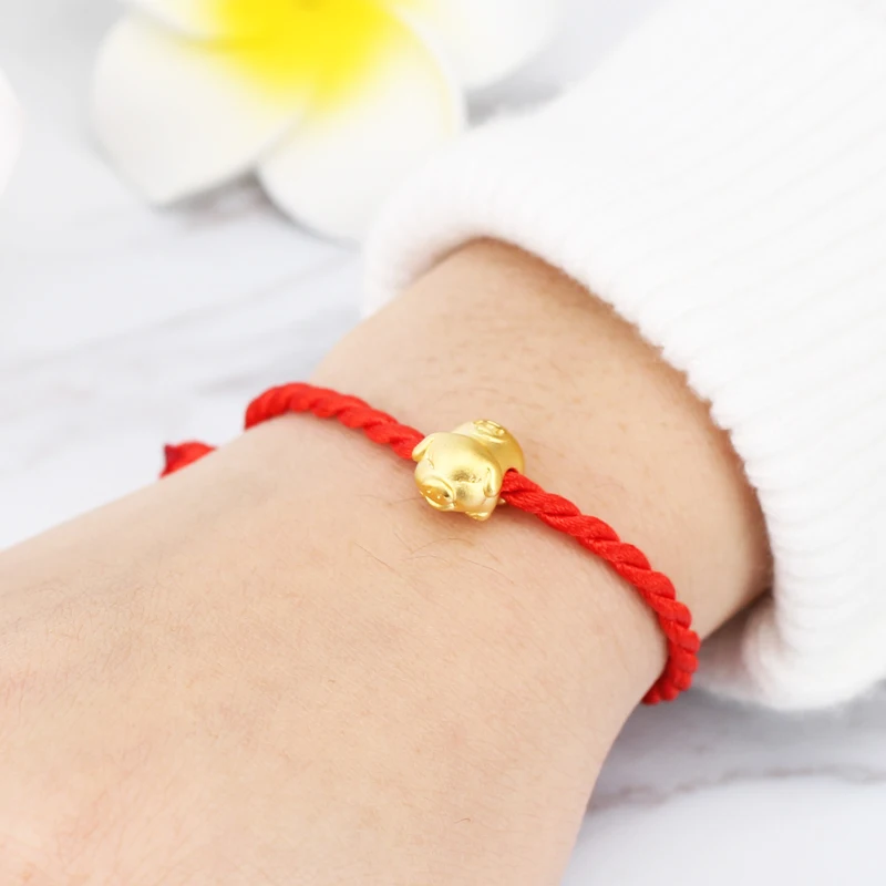 

999 24K Yellow Gold Bracelet 3D 999 Gold Cute Pig Red String Weave Bracelet