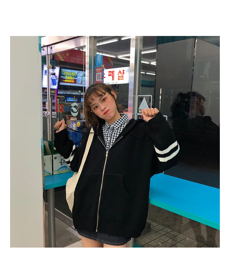 Woherb Harajuku Knitted Cardigan Women Korean Style Modis Striped Print Hooded Sweater Coat Girls Casual Runway Sweaters