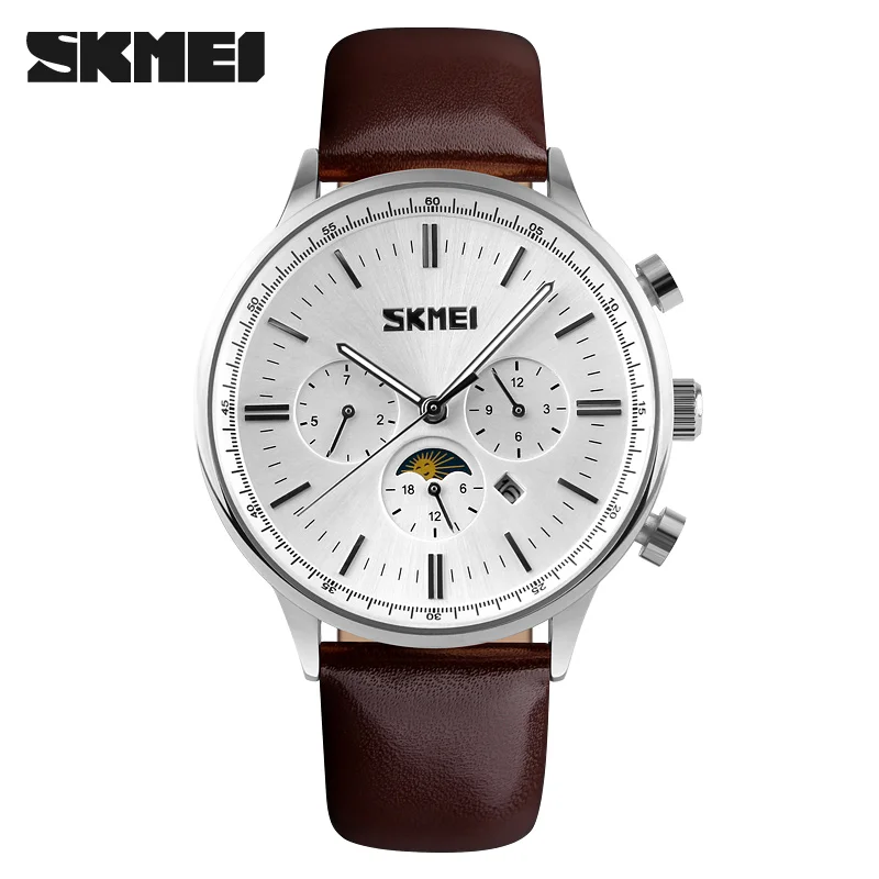 white SKMEI Мужские кварцевые часы роскошные часы Relogio Masculino модные повседневные синие из натуральной кожи водонепроницаемые мужские наручные часы Relojes - Цвет: white
