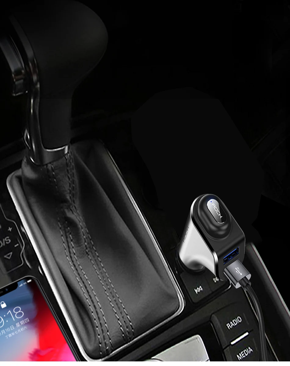 ROCK USB Автомобильное зарядное устройство адаптер с беспроводными Bluetooth наушник с микрофоном громкой связи Наушники для iPhone 7 samsung huawei