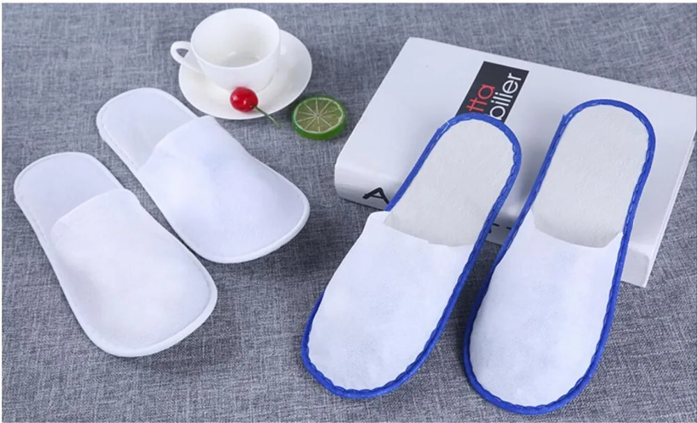 

50 pairs/bag White blue color Disposable slippers Towelling Hotel Terry Spa Guest home Shoes No spinning slippers