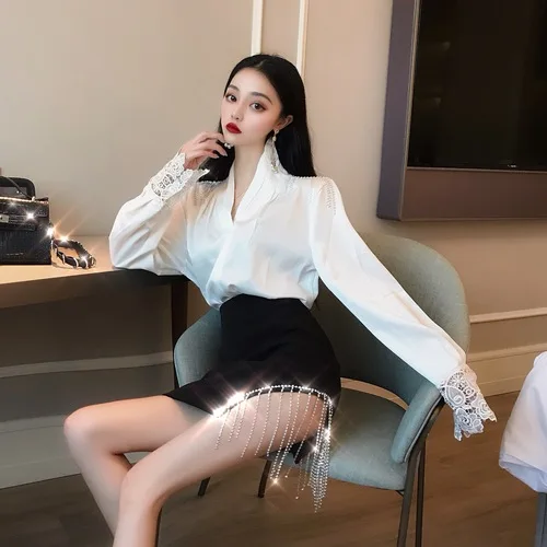 

2019 Korean Fashion Office Lady V-neck Mini Two Piece Set Lace High Waist Tassel Twinset Fashion Women Skirt Set