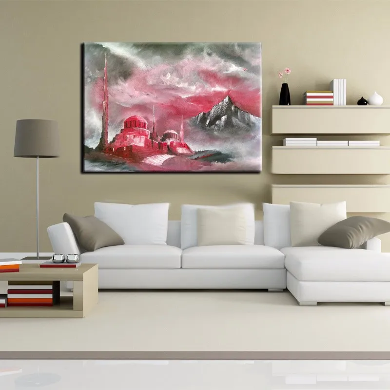 

100%Handpainted Landscape Wall Artwork Hand Painted Islamic Painting Red And Grey Storm Oil Painting On Canvas No Frame