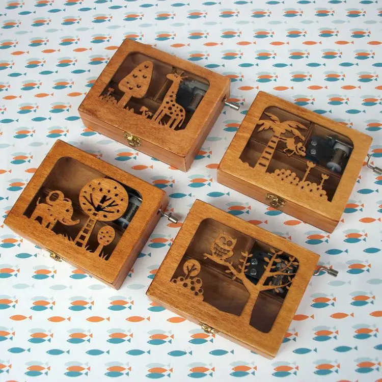 Мини деревянная ручная рукоять музыкальная шкатулка полые лесных животных