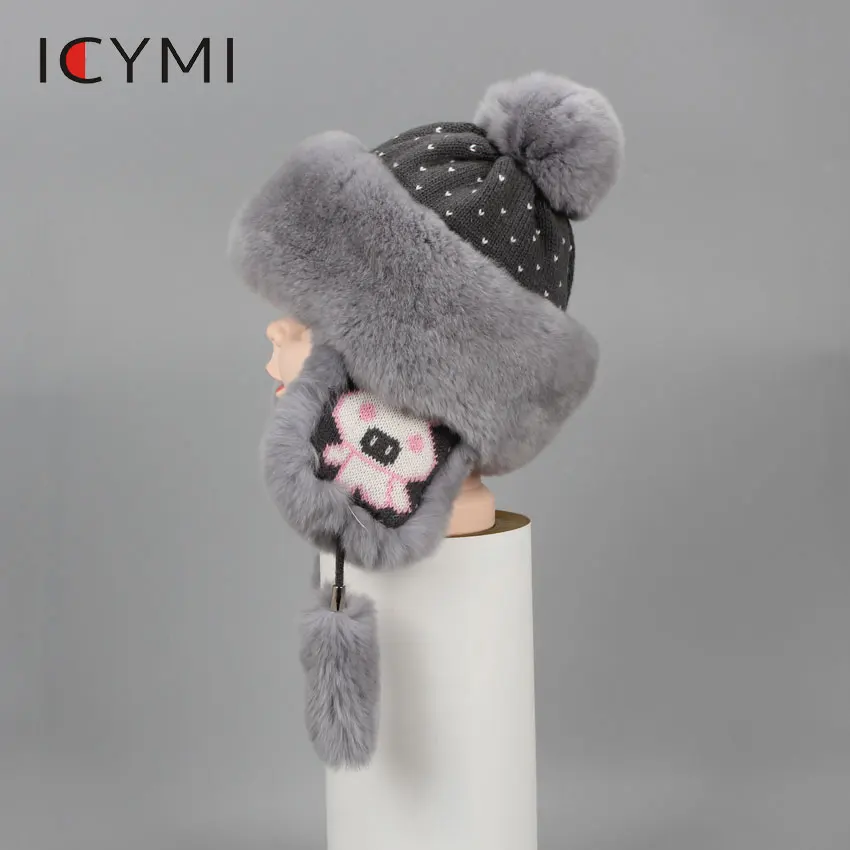 ICYMI Winter Real Full Pelt Rex Rabbit Fur Bomber Hats Children Kids boys girls warm fur Bomber Cap Cute Earmuff Hats Caps