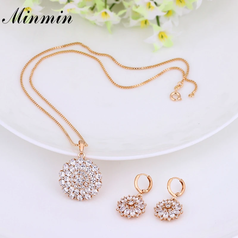 Minmin Bidal Jewelry Sets for Women Cubic Zircon Necklace Earrings Elegant Small Flowers Gold-color Accessory TL357 | Украшения и