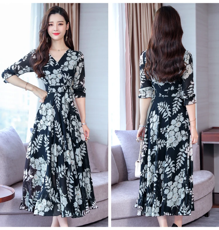 High Quality Plus Size Fashion Autumn New Arrival Collect Waist 3/4 Sleeve FeatherPrinting Woman Long V Neck Chiffon Dress