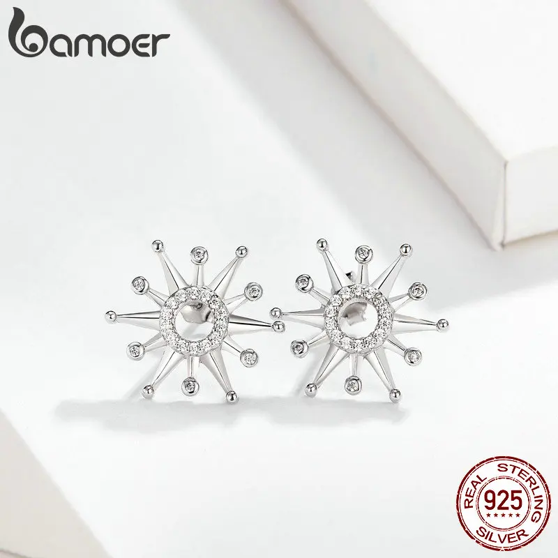 Bamoer, серьги-гвоздики для женщин с сияющим фейерверком, прозрачный кубический цирконий, сережки из стерлингового серебра 925, роскошные ювелирные изделия SCE640