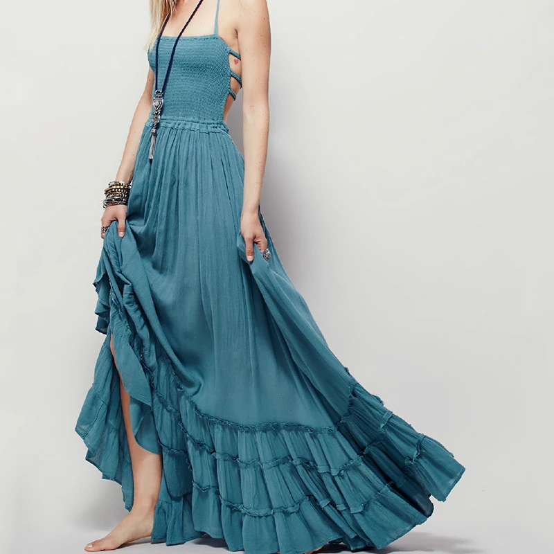 Женское винтажное платье макси на бретелях Boho длинное однотонное вечернее с