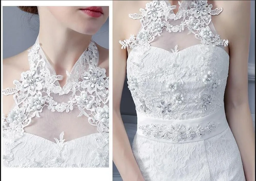 2017 стильное белое кружевное свадебное платье с лямкой на шее Русалка Кружева