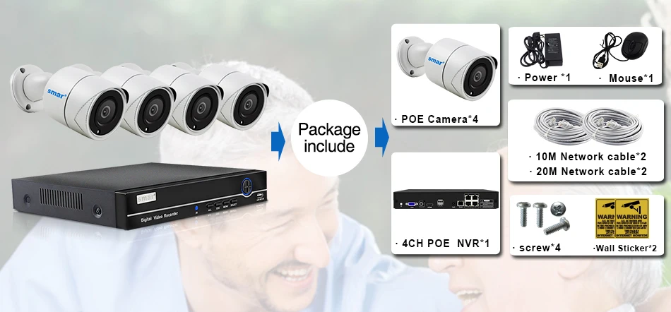 Smh.265 камера безопасности Система 4CH 1080P POE NVR комплект 2.0MP металл открытый IP набор камер наблюдения HDMI P2P электронная сигнализация XMEYE