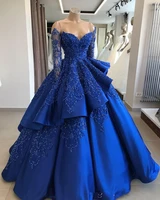 2021 royal blue quinceanera dresses vintage ball gown off shoulder long sleeves bead sequined vestidos de 15 anos layer elegant