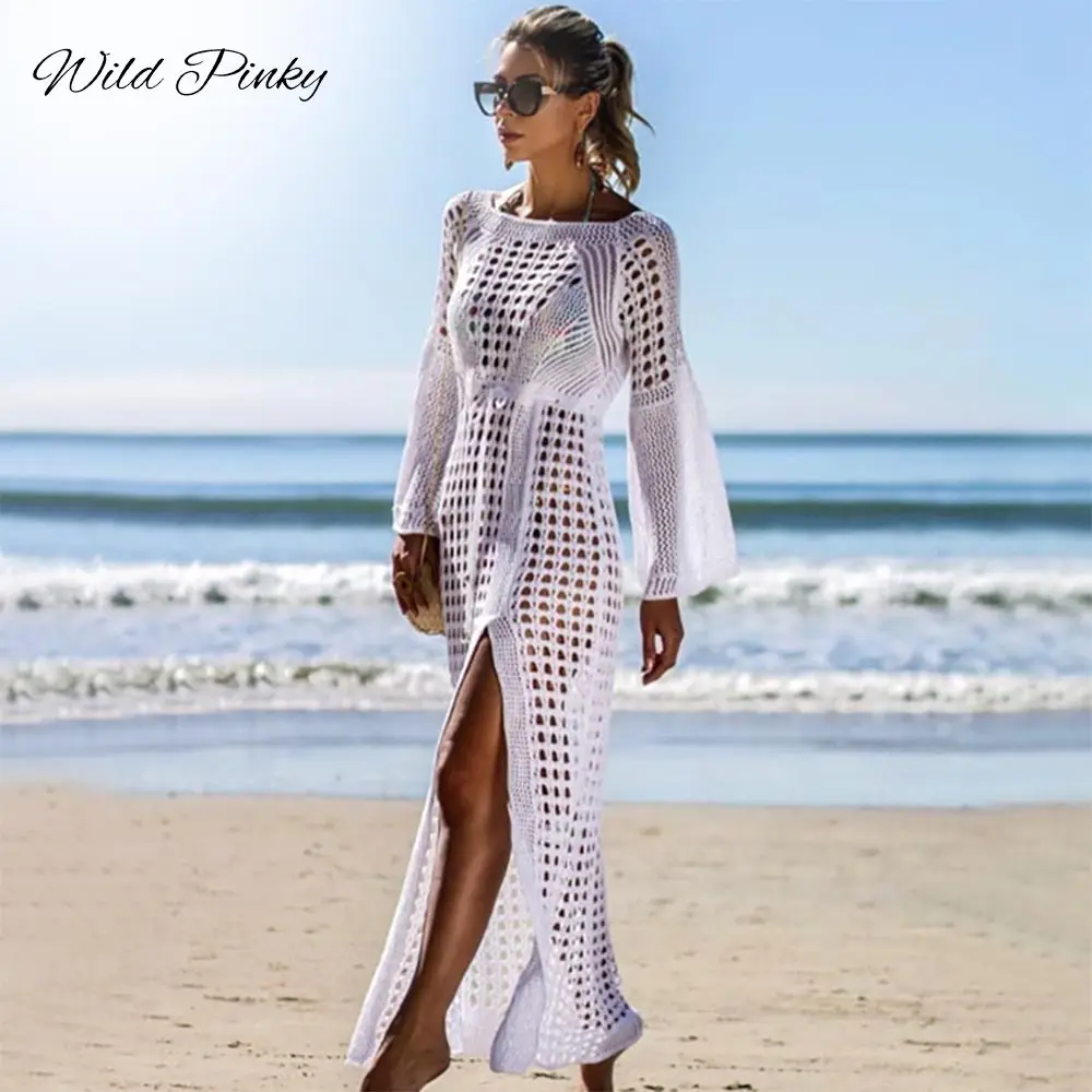 

WildPinky 2022 Hollow Out Crochet White Beach Dress Women Tunic Long Pareos Bikinis Cover ups Swim Split Robe Plage Beachwear