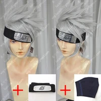 anime hatake kakashi short layered silver grey heat resistant hair cosplay costume wig headband mask
