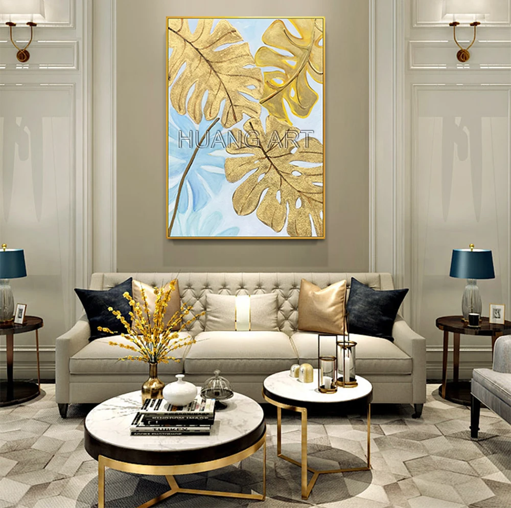 Skill Artist Hand-painted High Quality Modern Abstract Golden Leaves Oil Painting on Canvas for Decor Beautiful Leaf | Дом и сад