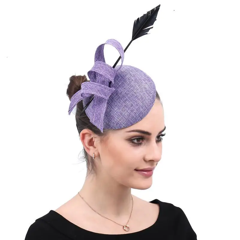 

European And American Fashion Style Ladies Small Hat Bridal Headdress Clip Light Purple Feather Hair Accessories Banquet Hat